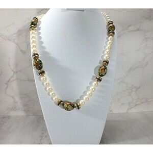 VTG Cloisonne Beaded Oriental Necklace Faux Pearls White Black Gold Tone Japan